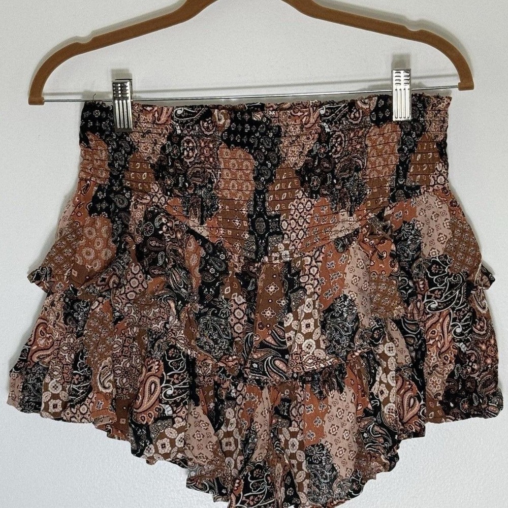 Ultra Flirt Brown Skirt Medium Tiered Smocked Patchwork Festival Boho Retro